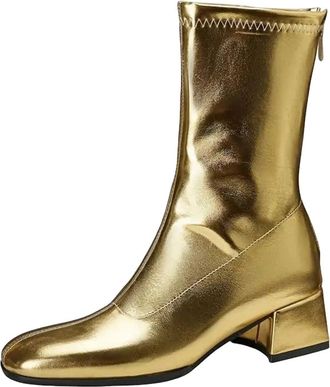 Generic Womens Mid Calf Boots Round Toe Medium Chunky Heel With Side Zipper And Glossy Finish For Dating And Outings