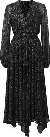 Maje Route Gathered Metallic Midi Long Sleeve Dress in Black Polyester