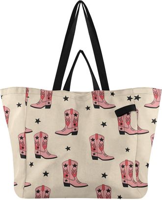 Generic Western Cowboy Stas Pink print Reusable Canvas Tote Bag, Heavy Duty Grocery Shopping Bag with Double Handles Hard Bottom Large Capacity Work Groceries