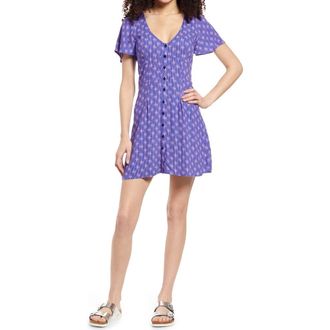 BP. Print Flutter Sleeve Skater Dress in Blue- Purple Noko at Nordstrom, Size Small