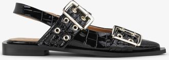 Ganni Black Feminine Buckle Ballerinas in Croco Patent