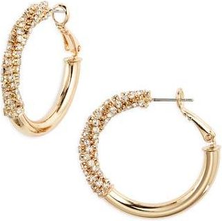 Nordstrom Polished Rhinestone Tube Hoop Earrings in Clear- Gold at Nordstrom Rack