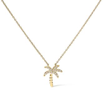 House of Brilliance 10K Yellow Gold 1/10 Cttw Round Diamond Palm Tree 18 Inch Pendant Necklace (H-I Color, I1-I2 Clarity)