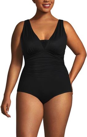 Lands End SlenderSuit Grecian Tummy Control Chlorine Resistant One Piece Swimsuit in Black at Nordstrom, Size 10P