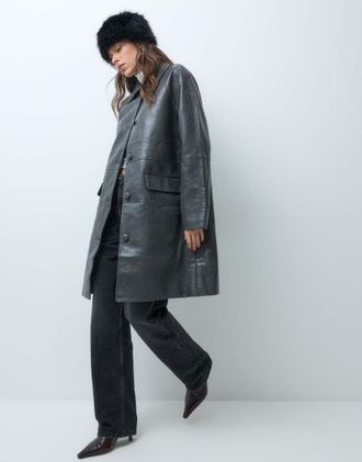 Asos cappotto car coat effetto pelle con colletto alto e bottoni frontali grigio