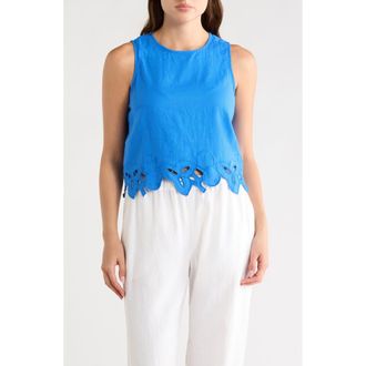 T Tahari Embroidered Hem Crop Linen Blend Tank in Blue Bliss at Nordstrom Rack, Size X-Large