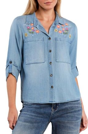 BILLY T Summer Petal Embroidered Denim Shirt in Pure Denim at Nordstrom, Size X-Small