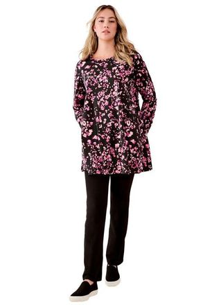 Roaman's Ultimate Long Sleeve Crewneck Swing Tunic in Black Abstract Ditsy at Nordstrom, Size 32