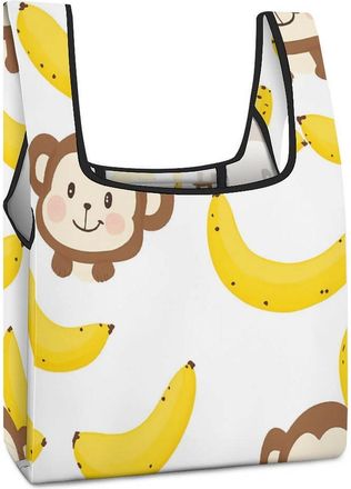 Generic Cute Monkey And Banana Pattern Reusable Shopping Bags Lightweight Foldable Grocery Bag Polyester Washable Tote Bag