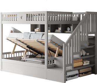 STILVORA Litera 140&times;200 Cm, Cama Doble Con Arc&oacute;n Hidr&aacute;ulico, Escalera Con Almacenaje Y Estantes, Sin Colch&oacute;n