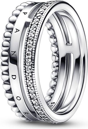 Pandora Sterling Silver Signature Logo Pave & Beads Ring, Size 50