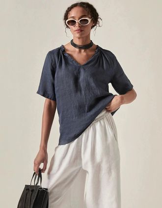 James Lakeland Womens Navy Pure Linen Blouse - Size: 18