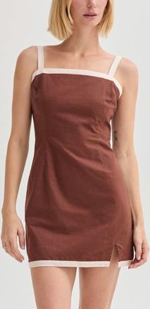 Crescent Contrast Trim Linen Blend Mini Dress in Brown/ivory at Nordstrom, Size X-Small