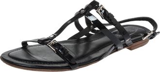 Tod's Tods Black Patent Leather Strappy Buckle Detail Flat Sandals