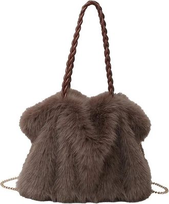 Generic Womens Plush Bags Plush Tote Bag Autumn Winter Womens Handbag Shoulder Large Capacity Crossbody Foldable Ladies Purse(Brown)