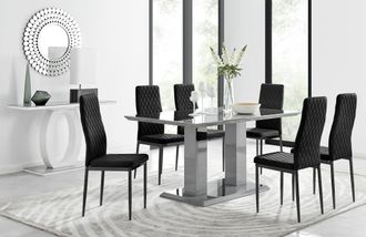 Furniturebox Imperia 6 Grey Dining Table & 6 Velvet Milan Black Leg Chairs