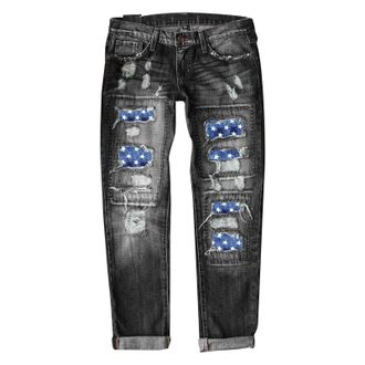 Generic Jeans for Women UK, Ripped Jeans Womens, Ladies Trousers Regular Fit Straight Leg Distressed Patchwork Stretchy Denim Pants