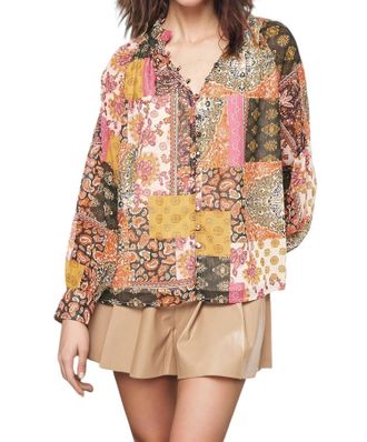 Entro Daphne Patchwork Print Chiffon Long-Sleeve Top In Rust