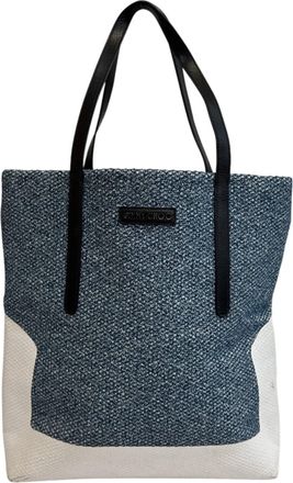 Jimmy Choo London Black Blue White Cotton Denim Leather Shoulder Bag Tote Bag (Pre-Owned)