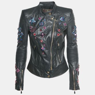 Roberto Cavalli Black Leather Embellished Biker Jacket
