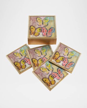 Hunt Slonem Lakeside Butterflies Gold Leaf Coaster Box, Set of 4