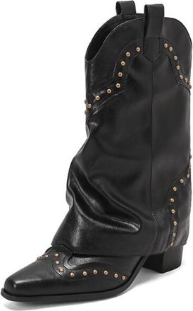 Generic Womens PU Leather Cowboy Boots With Gold Stud Detailing Pointed Toe Low Chunky Block Heels Pull Tab Slouchy Design Soft Inner Lining Durable Outsole,B