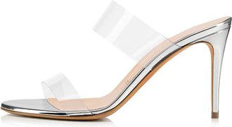 Generic Silver,8.5 UK,Clear Heels for Womens Peep Open Toe Stiletto High Heel Transparent Two Strap Sandals Mules Backless Slip On Dress Slides for Prom Event