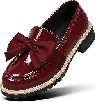 Generic Womens Patent Leather Bow Loafers Wide Width, Chunky Low Block Heel Round Toe Lug Sole Dress Shoes for Office Work (Red,7.5)