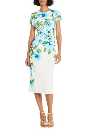 Maggy London Cap Sleeve Floral Sheath Dress In Ivory Aqua