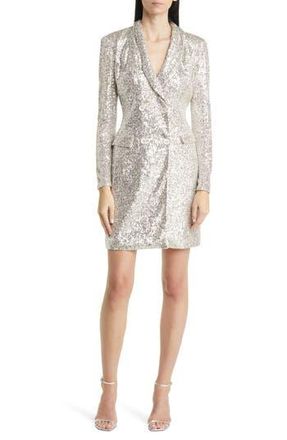 Eliza J Sequin Long Sleeve Tuxedo Cocktail Dress in Silver at Nordstrom Rack, Size 14