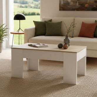 Dmora Dmora - Mesa De Centro Dleal, Mesa De Centro Con Tapa Elevable, Mesa De Centro Para La Sala De Estar, 100x50h45/56 Cm, Blanco Y Roble