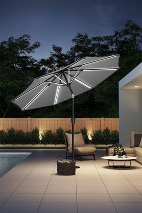 H&O Direct Large Outdoor Solar Powered LED Patio Umbrella for Garden in Light Grey