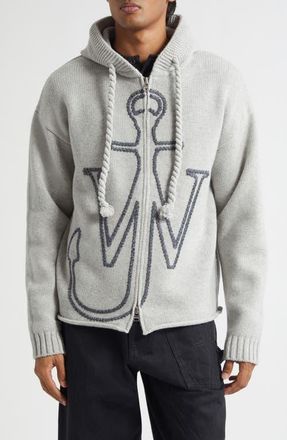 J.W.Anderson Anchor Embroidered Zip Hoodie Sweater in Light Grey Melange at Nordstrom, Size Medium