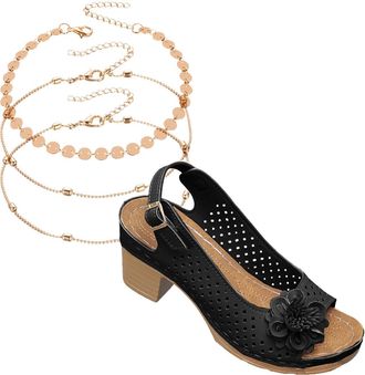 Generic Womens Summer Roman Sandals & 3-Pack Adjustable Anklets Set Retro Bohemian Wedge Sandals with Block Heel & Ankle Strap Floral Open Toe Slingback Platf