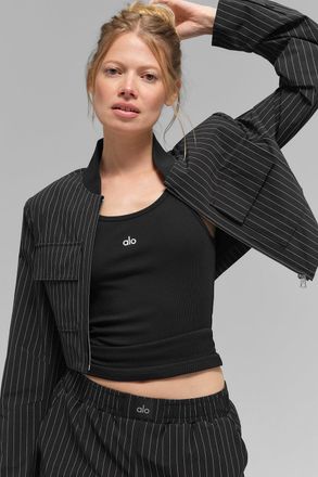 Alo | Cropped Pinstripe Main Character Full Zip Jacket in Black/Titanium, Size: Small