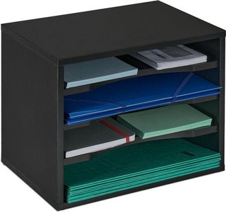 Relaxdays Relaxdays Document Tray, 4 Compartments, Desk Organiser H x W x D 28 x 35.5 x 25 cm, Black