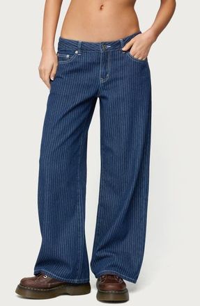 Edikted Pinstripe Low Rise Wide Leg Jeans in Navy at Nordstrom, Size X-Small