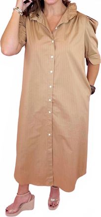 Adrienne Ruffle Neck Shirt Dress In Camel Pinstripe