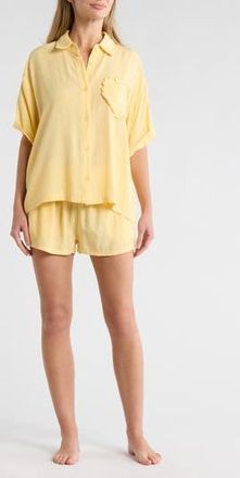 Betsey Johnson Heart Patch Cabana Button-Up Shirt & Shorts Cover-Up Set in Yellow at Nordstrom Rack, Size X-Large