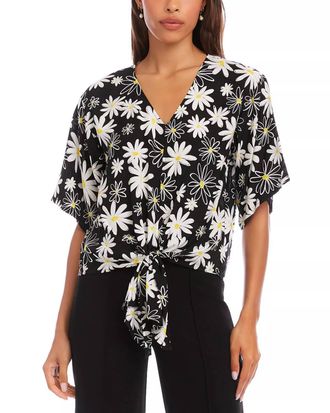 Karen Kane Fenix Flutter Sleeve Tie Front Top In Black, White, Yellow