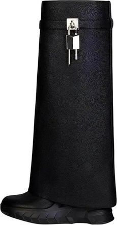 Generic Womens Boots Knee High Chimney Wedges Heel High-Heeled Round Toe Belt Buckle Boots Women Shoes