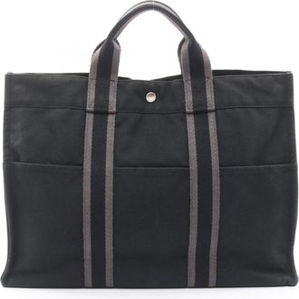 Herm&egrave;s Black Gray Canvas Handbag Tote Bag (Pre-Owned)