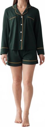 Salua Luxury Brushed Pajama Set Long Sleeve And Shorts In Forest/gold