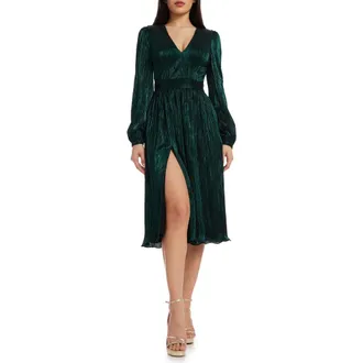 Dress The Population Holly Long Sleeve Metallic Pliss&eacute; Dress in Deep Emerald at Nordstrom Rack, Size X-Large