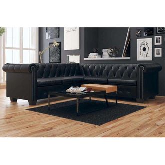 OEM Sof&aacute; De Esquina Chesterfield 5 Plazas Cuero Artificial Negro Vidaxl