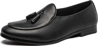 Generic Mens Leather Slip On Tassels Loafers Classic Casual Dress Penny Loafers Vintage Formal Business Wedding Smoking Shoes (Black,8.5)