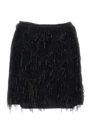 Rotate Textured Mini Skirt With Beaded Fringe And Side Zip Closure
