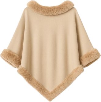 Generic Womens Faux Fur Trim Poncho - Light Brown Colour Cape Wrap Winter shawl Cozy and Warm One Size