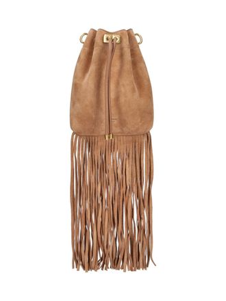 Jimmy Choo London Bon Bon Brown Suede Fringe Drawstring Bucket Bag