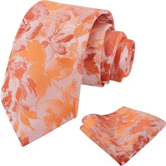 Alizeal Mens 8cm Floral Necktie with Hanky Classic Fashion Business Tie and Handkerchief Set, Orange